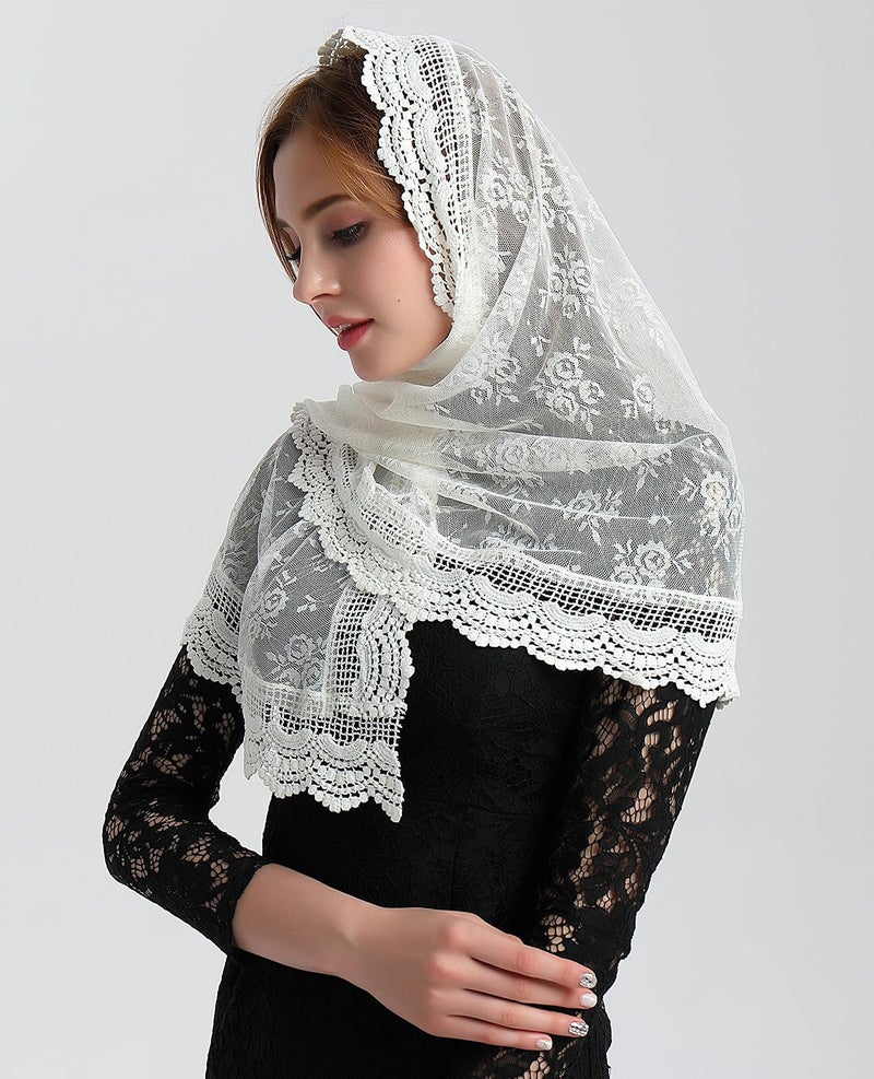 Leimandy Soft Scarf Mantilla Veil Catholic Chapel Latin Mass Church Veil Lace Head Covering for Women Religious Ceremony Daily Wear V31 (Ivory) - Image 5
